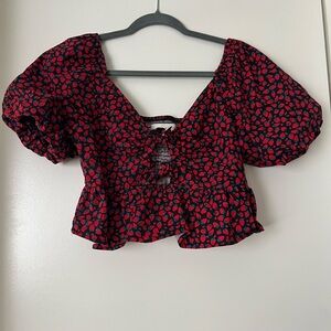 Floral Puff Sleeve Top - Red & Black Strawberry